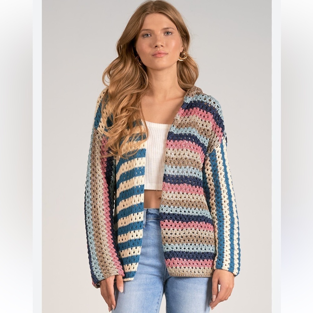 Elan Colorful Striped Open-Front Cardigan